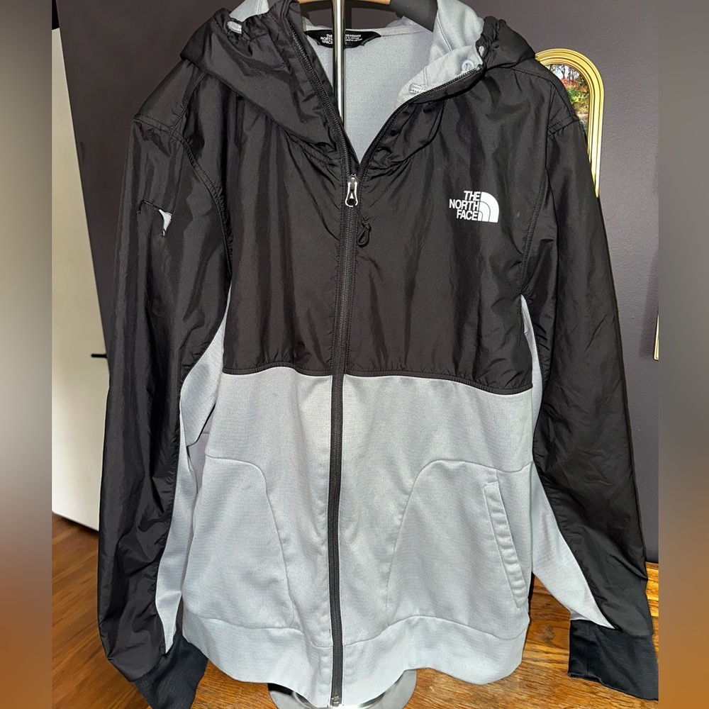 The North Face Black and Light Gray Hooded Windbreaker Fleece Jacket